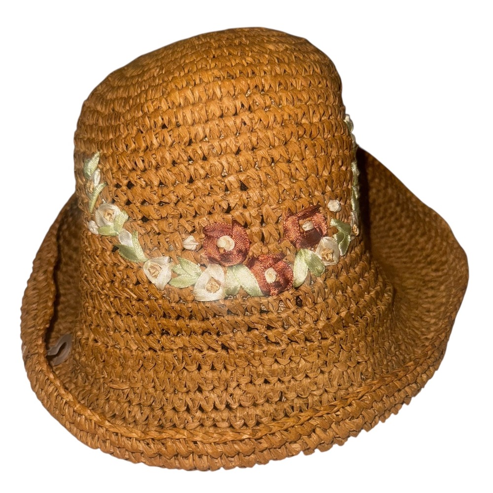 Woven Straw Bucket Hat Floral Embellishment Flowers Summer Beach Vacation Women - Picture 2 of 8